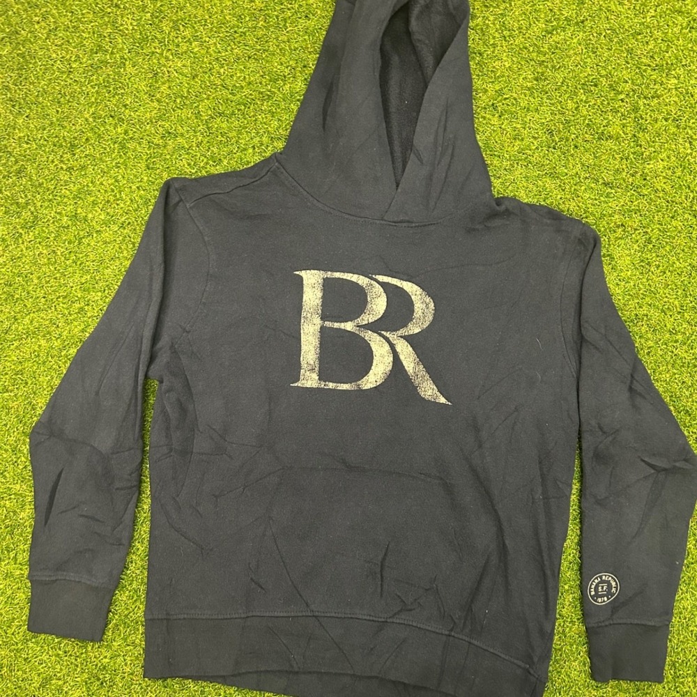 Banana Republic Mens Black Logo Pullover Hoodie Distressed BR Graphic S.F. 1978